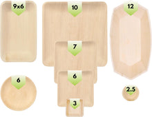 Palm Leaf Sample Pack [ 40 Pack ] - Includes 2.5" and 3" Inch Dipping Bowls, 6" round and Square Plates, 7 and 10 Inch Bamboo Plates, 9X6 Mini Trays and 12 Inch Boat Trays