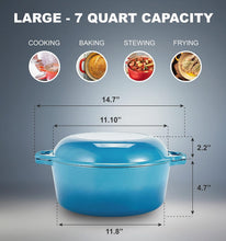 2-In-1 Enamel Cast Iron Dutch Oven with Handles - Crock Pot Blue Cast Iron Pot with Skillet Lid - All-In-One Cookware Braising Pan for Casserole Dish - 7 Quart, Blue